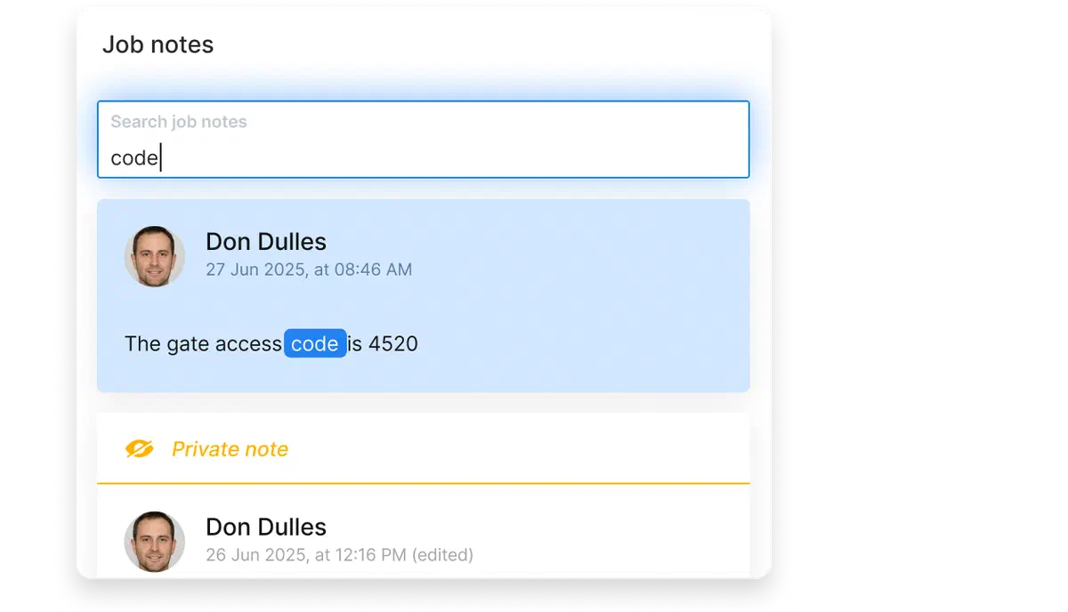 UI  of Cinderblock’s job notes search, showing a keyword highlight, timestamped entries, and private note visibility.