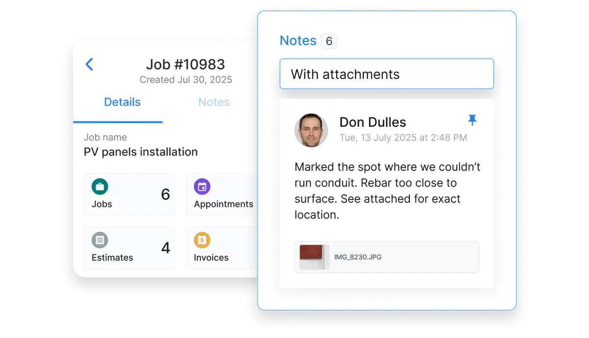 UI showing a job note in Cinderblock with a pinned comment, user photo, timestamp, and attached image, all linked to a specific job record.