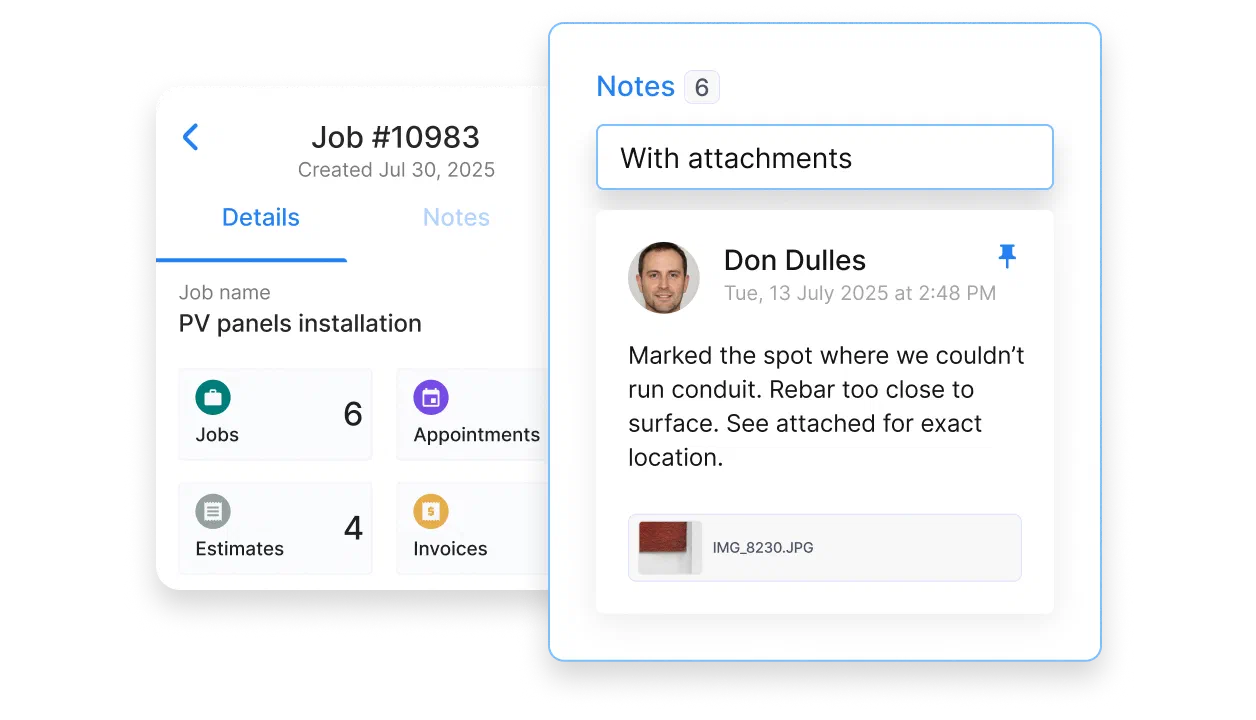 UI showing a job note in Cinderblock with a pinned comment, user photo, timestamp, and attached image, all linked to a specific job record.