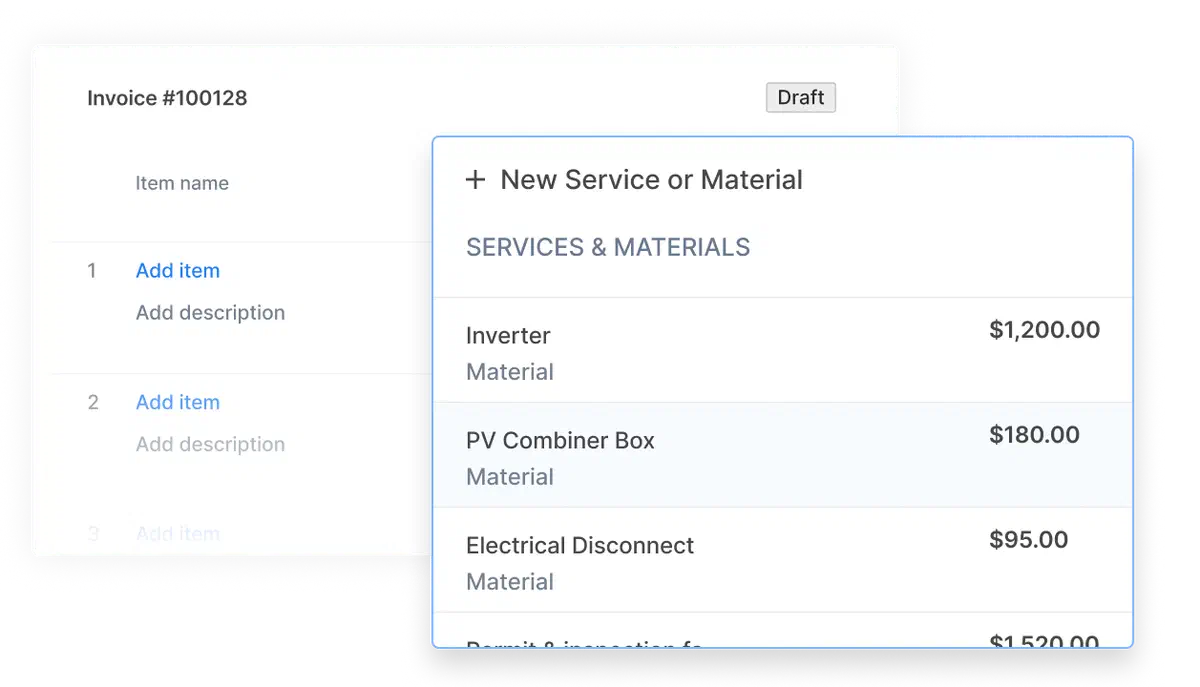 UI showing how saved materials in Cinderblock can be added to an invoice with preset names and pricing.
