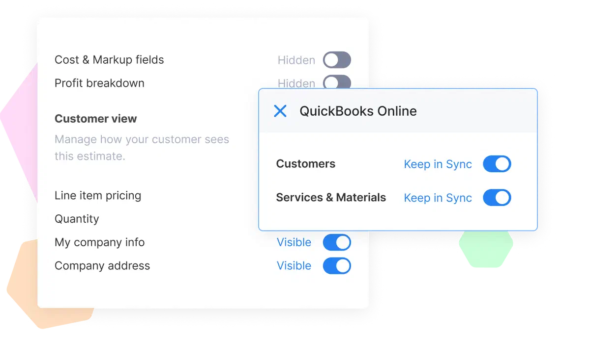 UI showing how Cinderblock lets you control which fields customers see and keep items synced with QuickBooks Online.