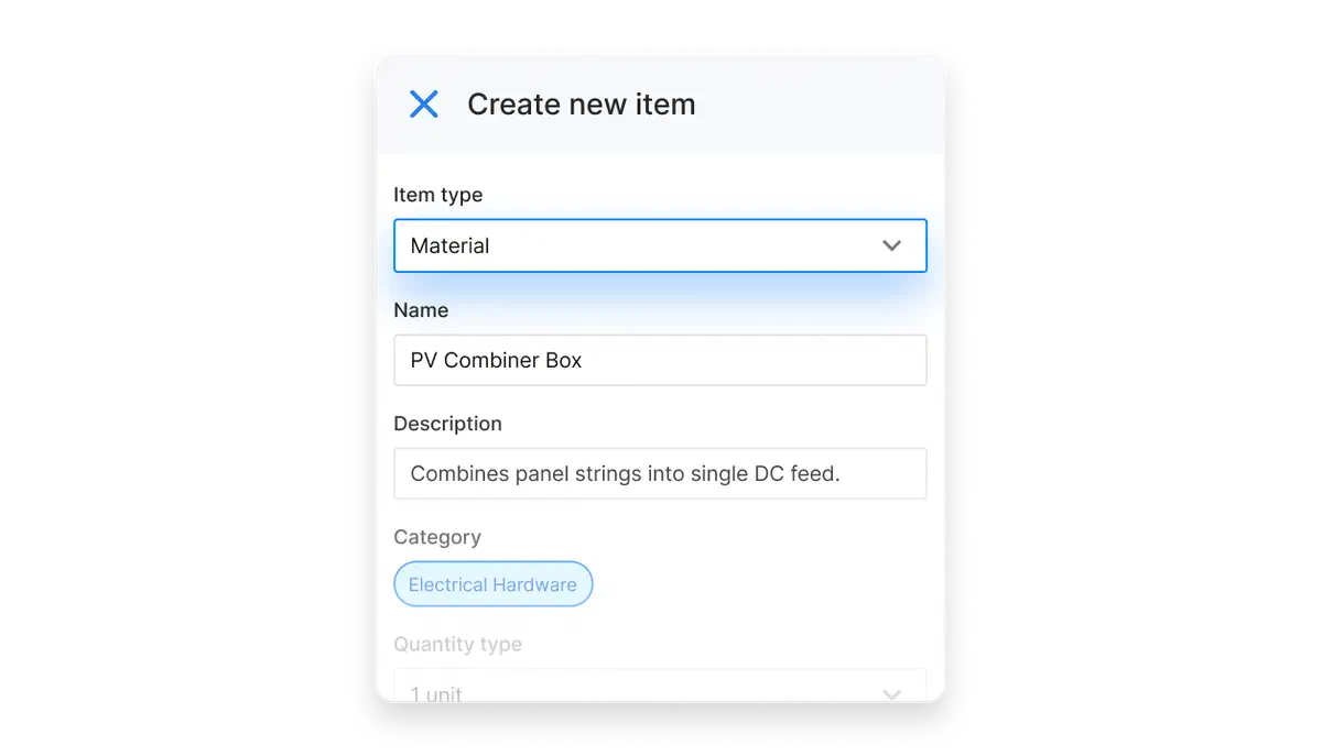 UI showing how to create a new material item in Cinderblock, including name, description, and category.