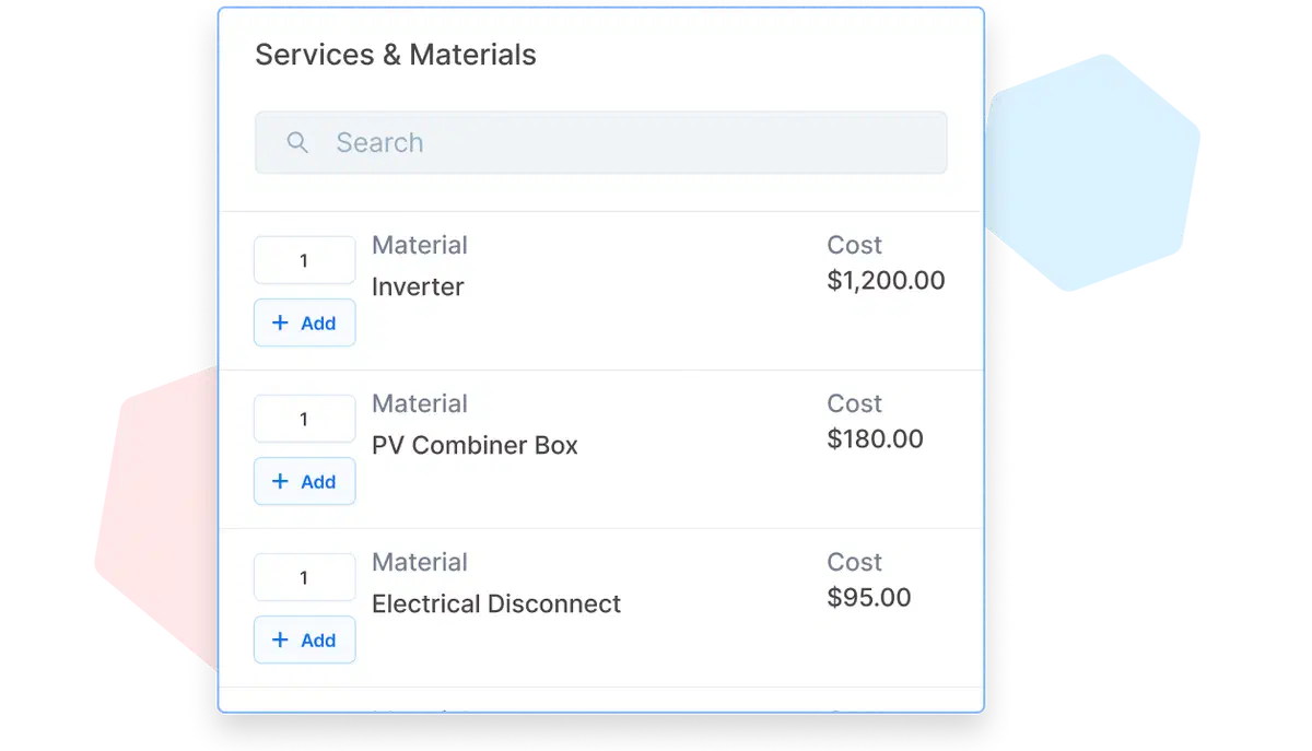 UI showing a searchable list of saved materials in Cinderblock with cost and quantity controls.