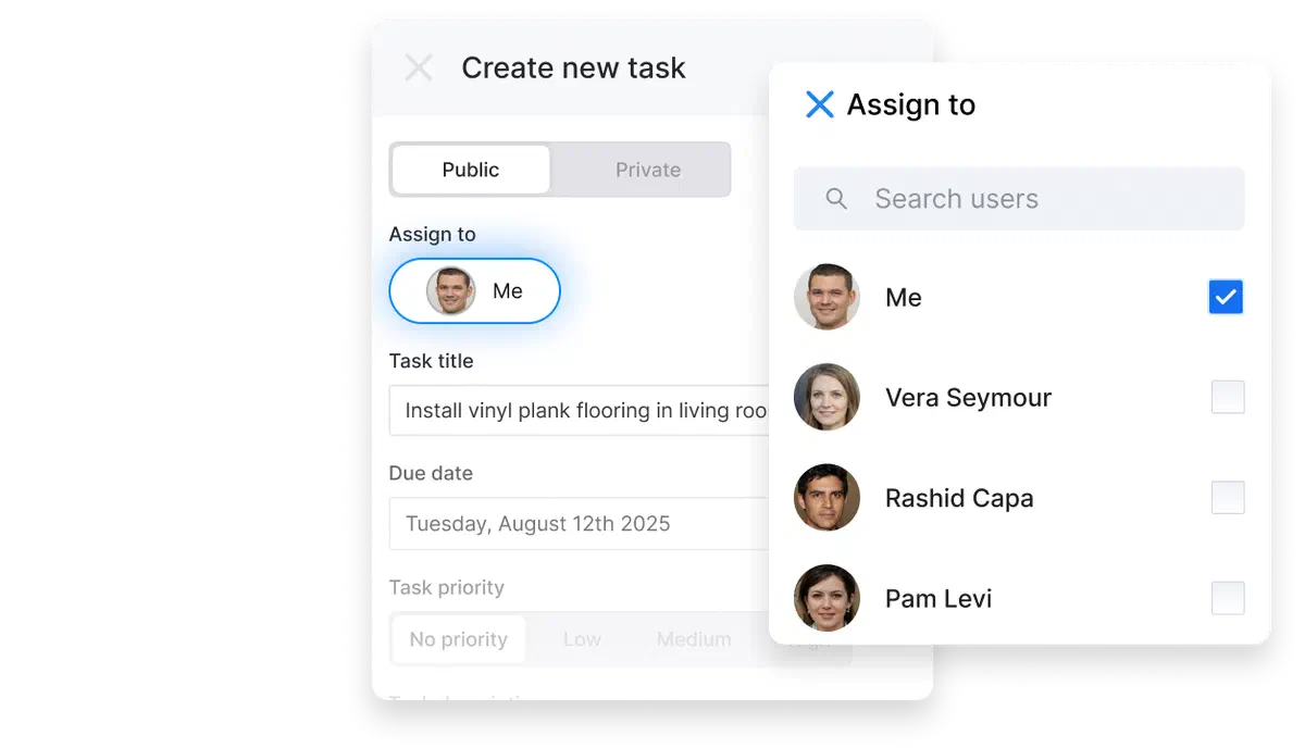 Cinderblock UI assigning a task to team members from the task creation panel.