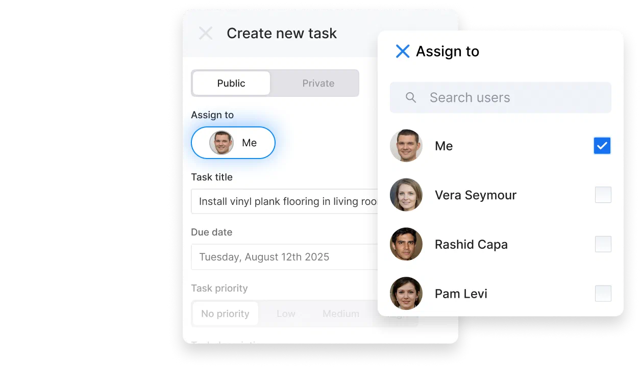 Cinderblock UI assigning a task to team members from the task creation panel.