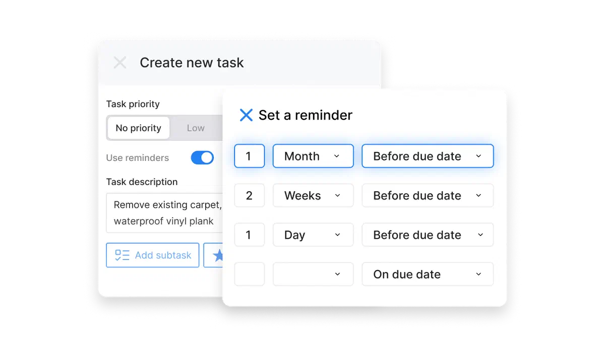 Cinderblock UI setting task reminders by days, weeks, or months before due date.
