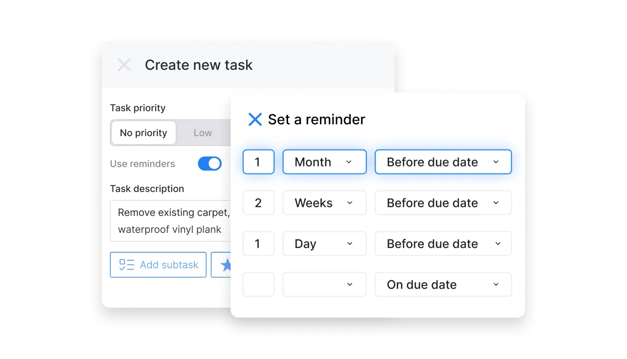 Cinderblock UI setting task reminders by days, weeks, or months before due date.