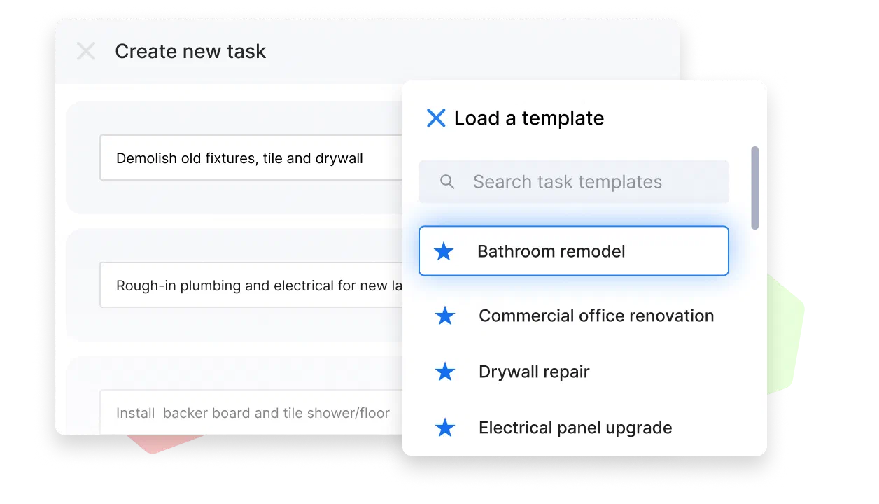 Cinderblock UI adding a new task from templates with predefined descriptions.