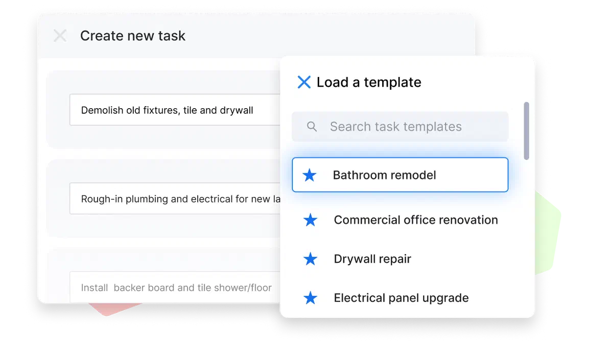 Cinderblock UI adding a new task from templates with predefined descriptions.