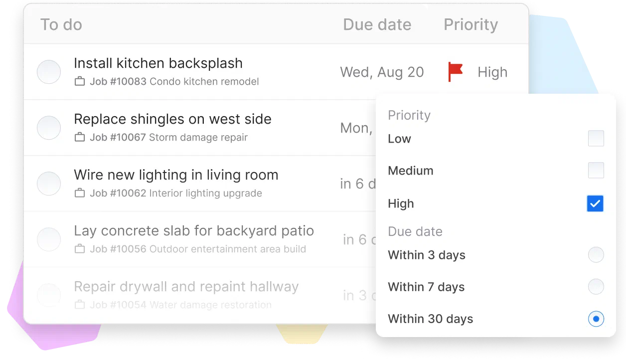 Cinderblock UI sorting tasks by priority and due date in a to-do list view.