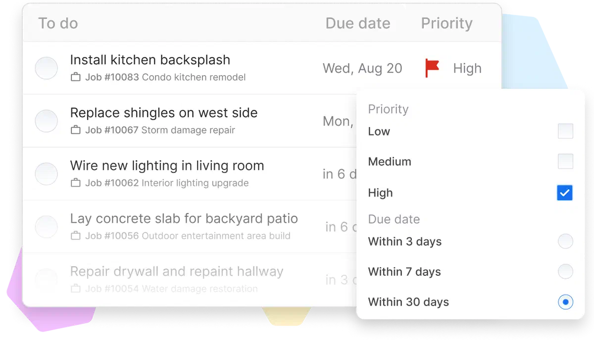 Cinderblock UI sorting tasks by priority and due date in a to-do list view.