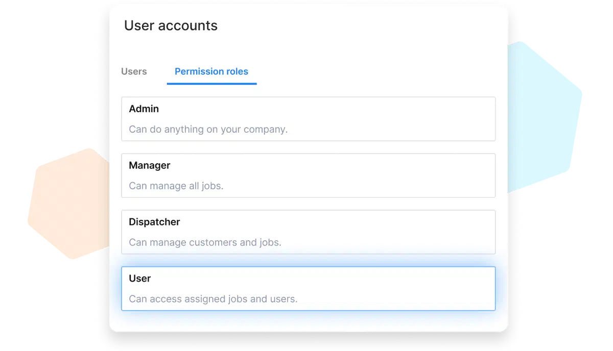A view of Cinderblock’s user account settings, showing predefined permission roles, Admin, Manager, Dispatcher, and User, each with clear access descriptions.