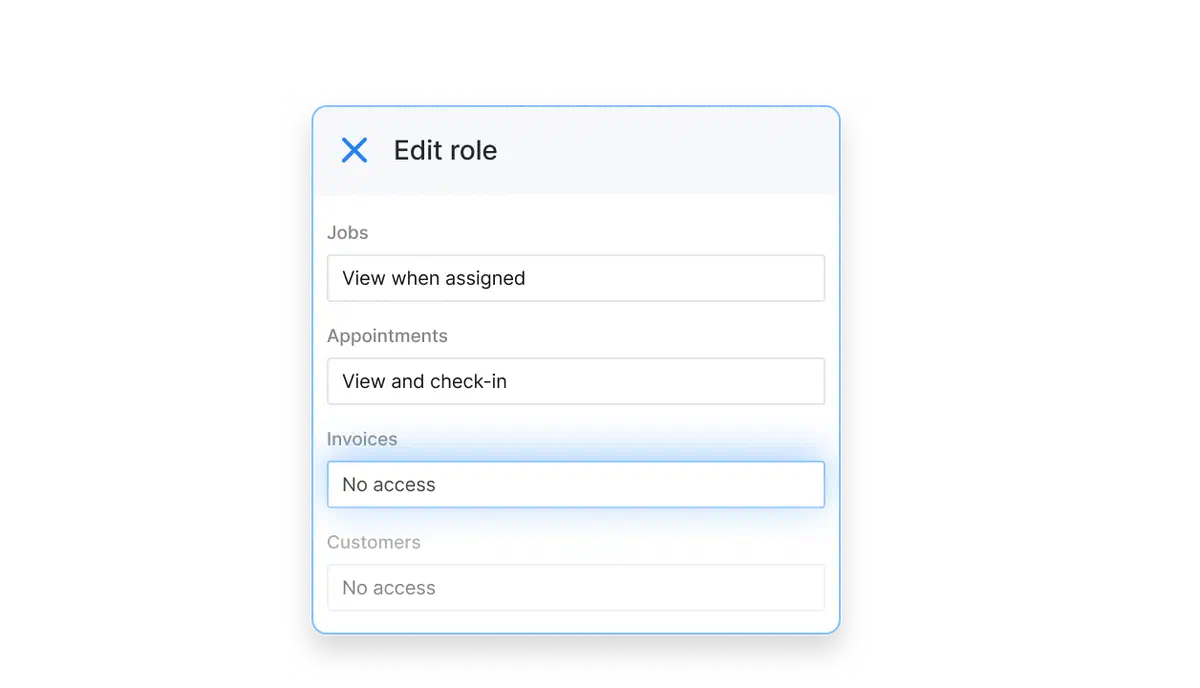 A permissions editor in Cinderblock showing custom role settings for jobs, appointments, invoices, and customers, with the option to save changes using “Edit role.”