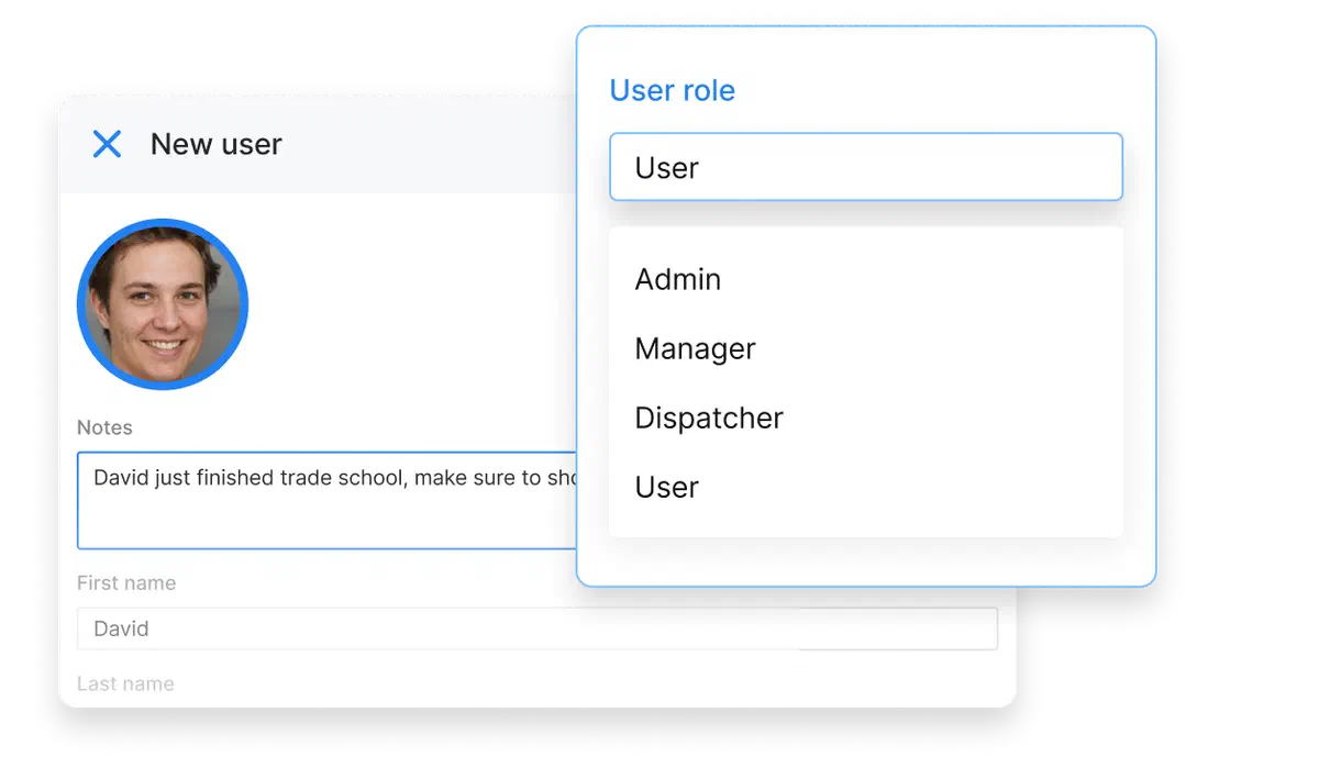 A user profile is being created in Cinderblock, showing a profile photo, role selection menu with options like Admin and Dispatcher, and a note about the new user.