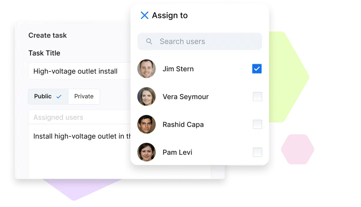 A task creation screen in Cinderblock showing team member assignment, with a searchable list of users and checkboxes to select who should handle the task.