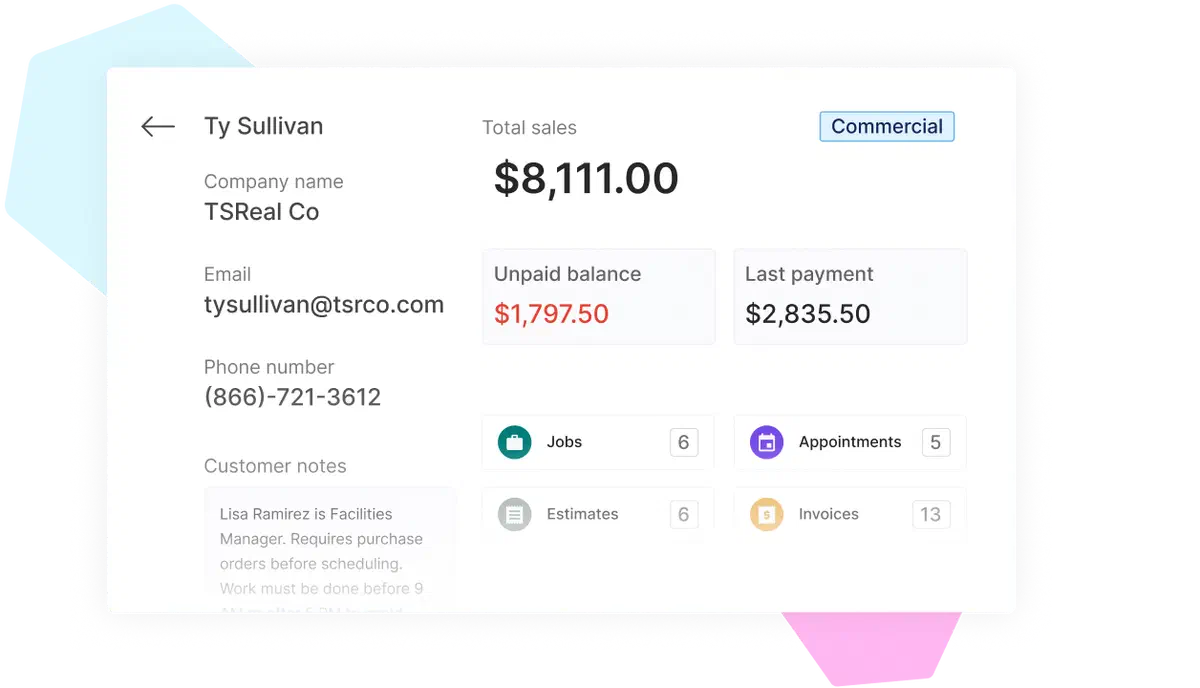 Cinderblock UI displaying customer account summary with financial and activity metrics.