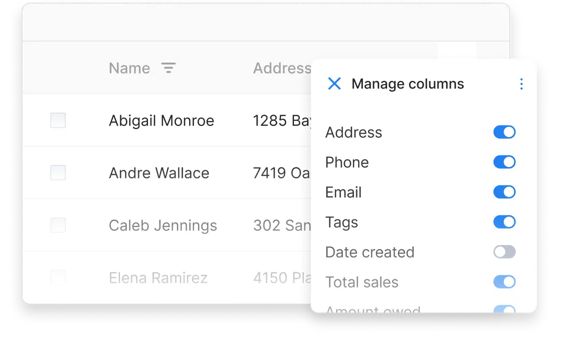 Customer list in Cinderblock with a column manager overlay showing toggles for address, phone, email, and other fields.