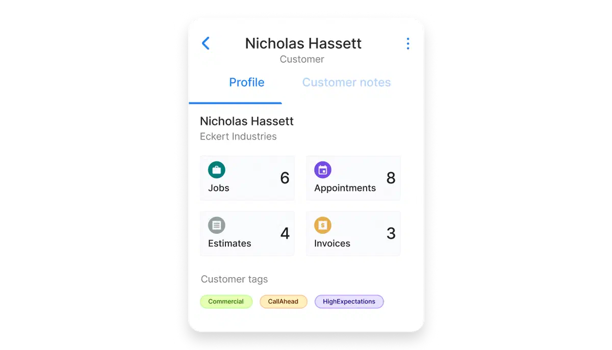 Customer profile view in Cinderblock showing contact details, sales history, notes, and job activity overview.