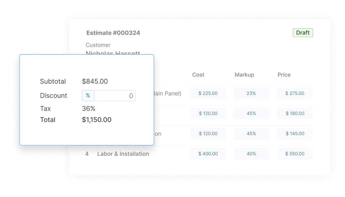 Estimate summary in Cinderblock showing subtotal, discount, tax, and total alongside itemized costs and prices.