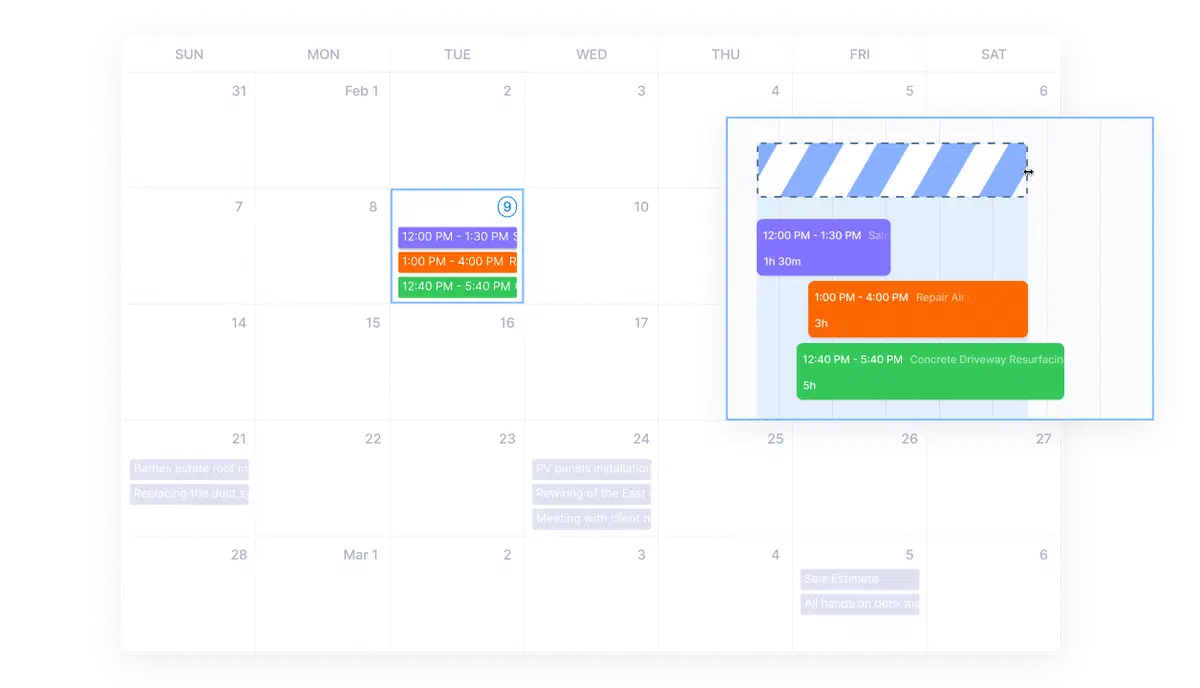 Creating a new appointment from Cinderblock’s calendar, select time, assign crew, and link to a job.