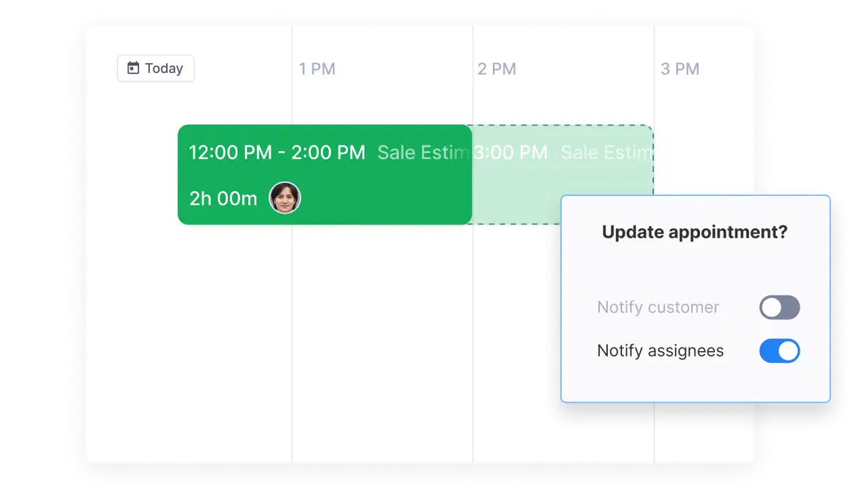 Drag-and-drop rescheduling of an appointment in Cinderblock, with automatic notifications to assignees.