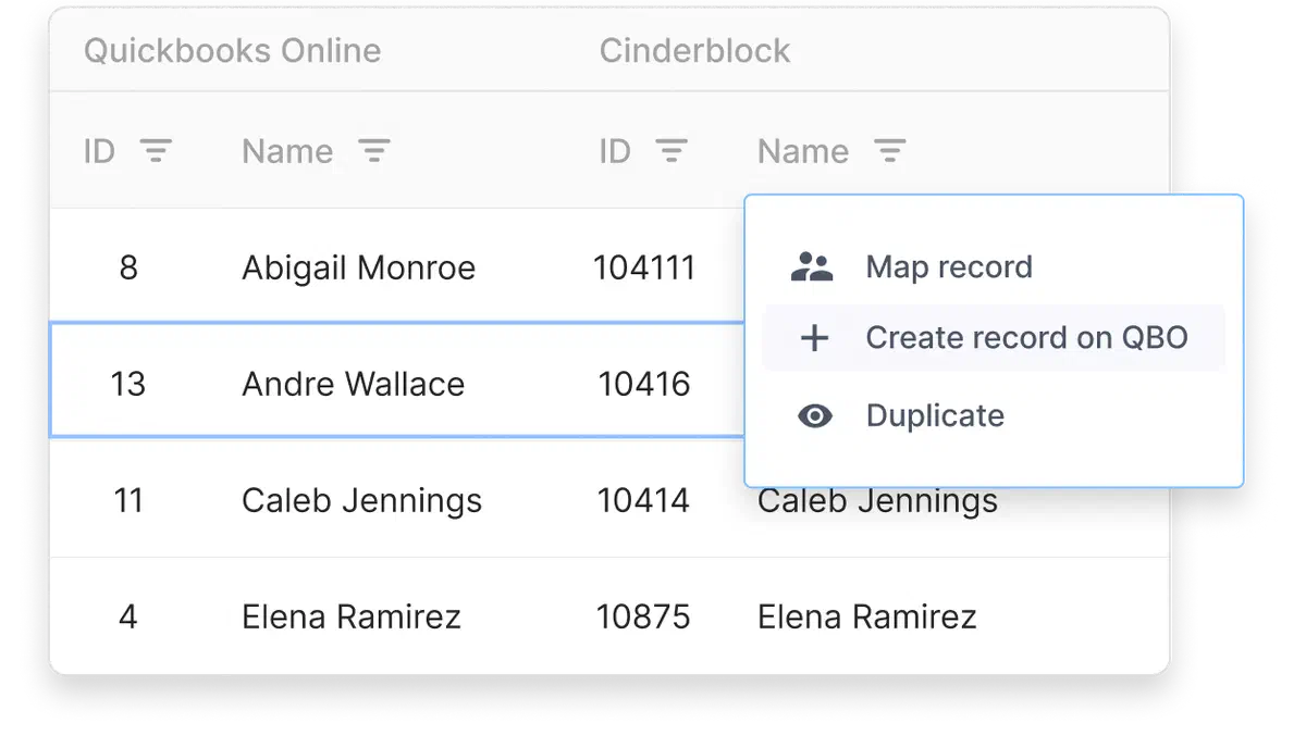 Customer record sync table showing QuickBooks and Cinderblock entries with options to map, create, or duplicate records.