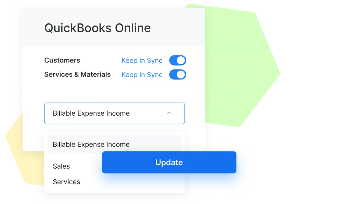 QuickBooks sync settings showing toggles for customers and services, income account dropdown, and an “Update” button.