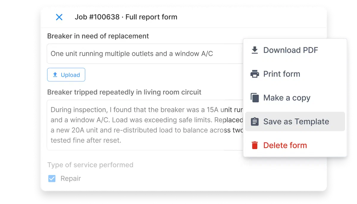 Cinderblock UI showing completed form details with options to download PDF, print, make a copy, save as template, or delete form.