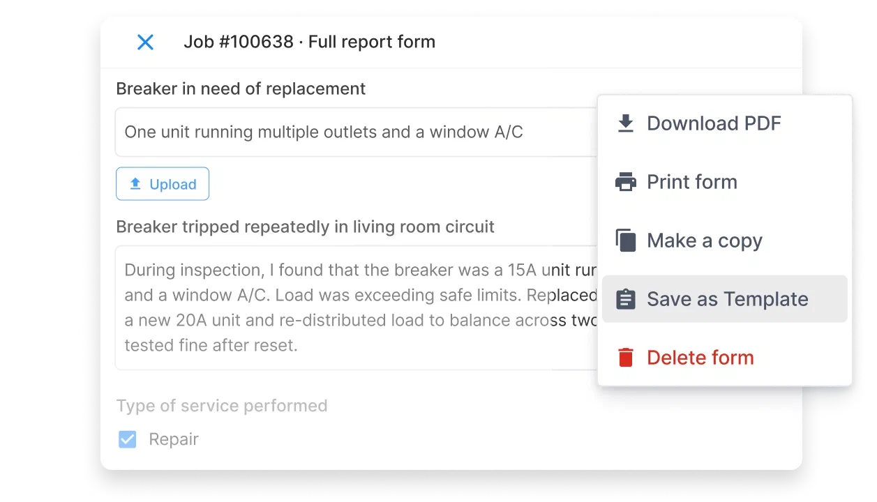 Cinderblock UI showing completed form details with options to download PDF, print, make a copy, save as template, or delete form.