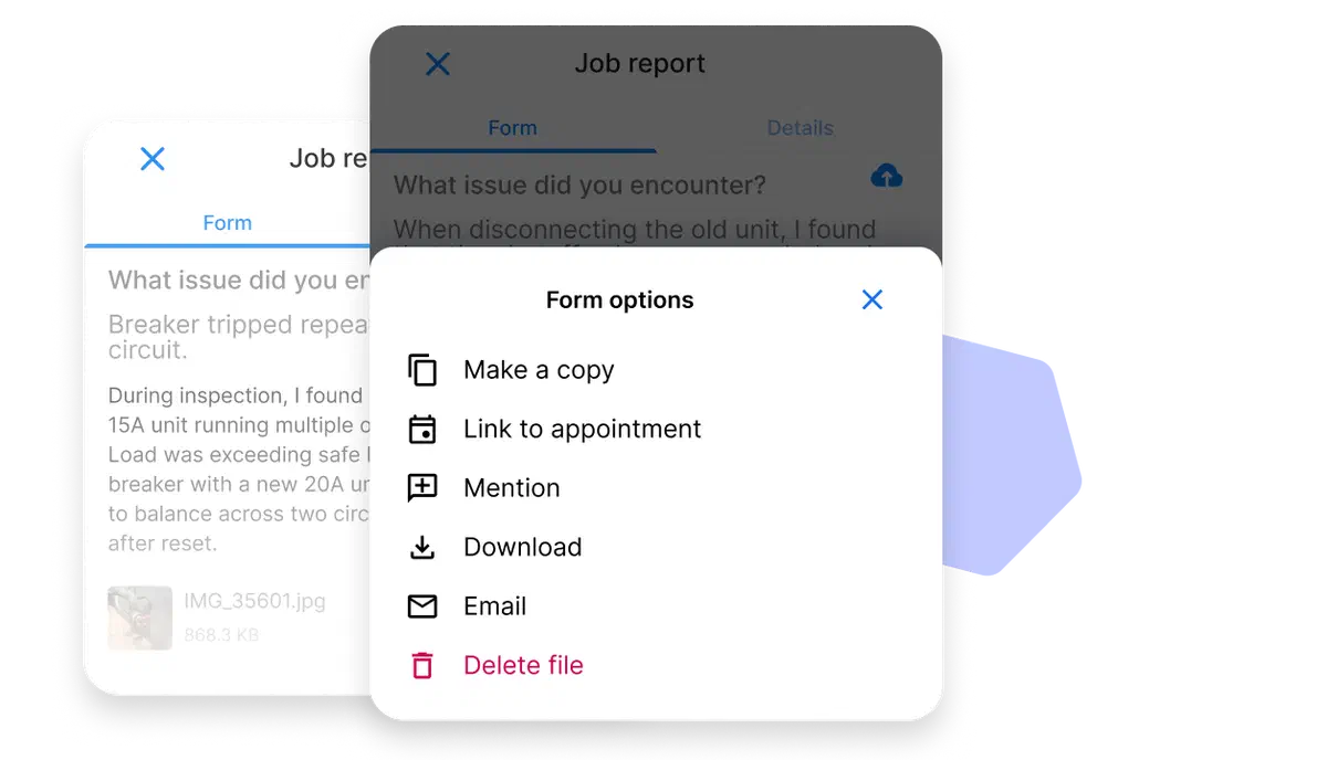 Cinderblock UI of a job report form showing form options menu with actions like make a copy, link to appointment, mention, download, email, and delete.