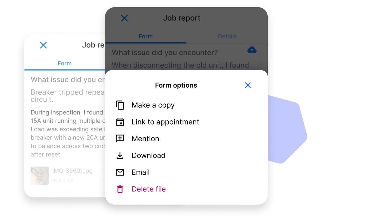 Cinderblock UI of a job report form showing form options menu with actions like make a copy, link to appointment, mention, download, email, and delete.