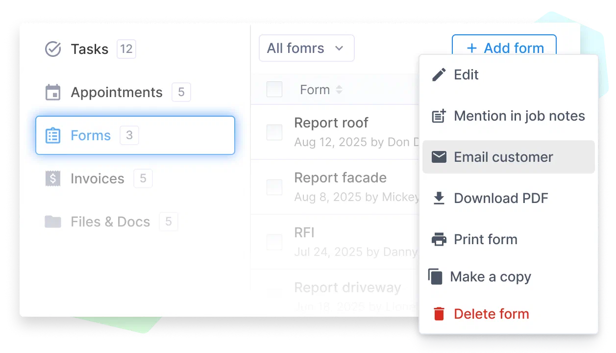Cinderblock job view showing forms tab with options to edit, mention in job notes, email customer, download PDF, print, make a copy, or delete.
