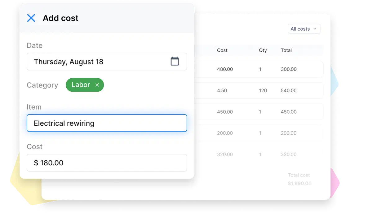 Cinderblock UI showing how to add and track individual job costs.