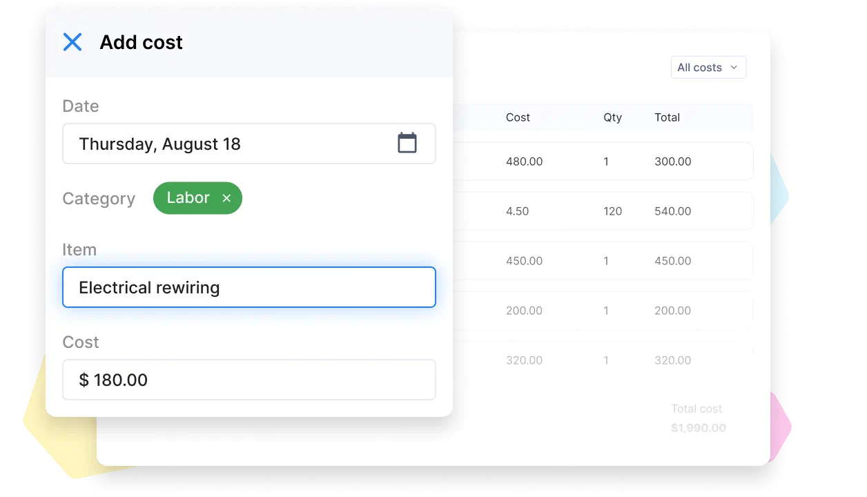 Cinderblock UI showing how to add and track individual job costs.