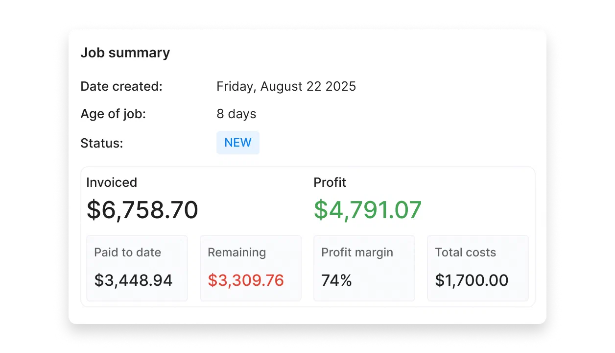 Cinderblock UI showing a job summary with invoiced, profit, and remaining balance.