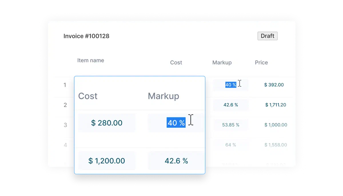 A draft invoice in the Cinderblock UI showing editable cost and markup fields that auto-calculate the final price for each line item.