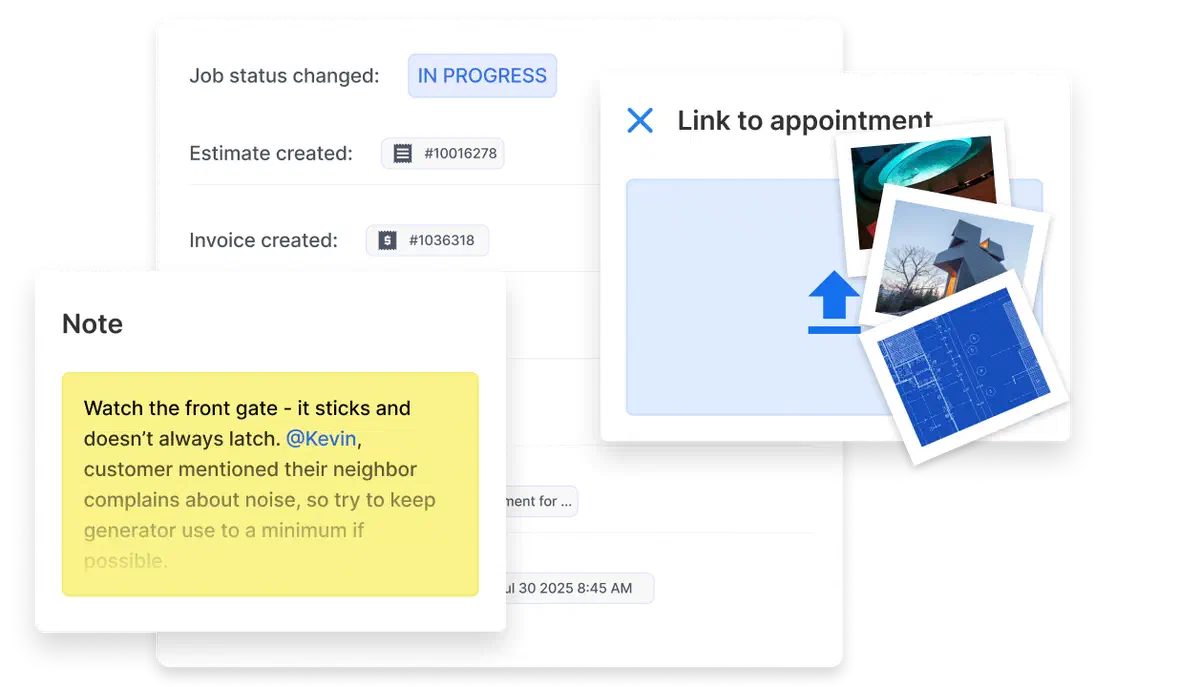 UI showing job notes in Cinderblock, with tagged comments, status updates, uploaded photos, and links to appointments.