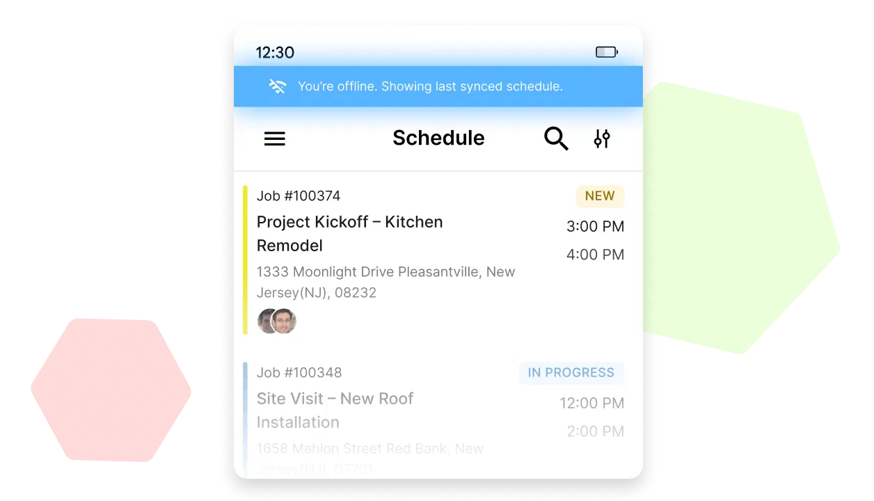 Cinderblock mobile app schedule view showing offline mode with last synced jobs and appointments.