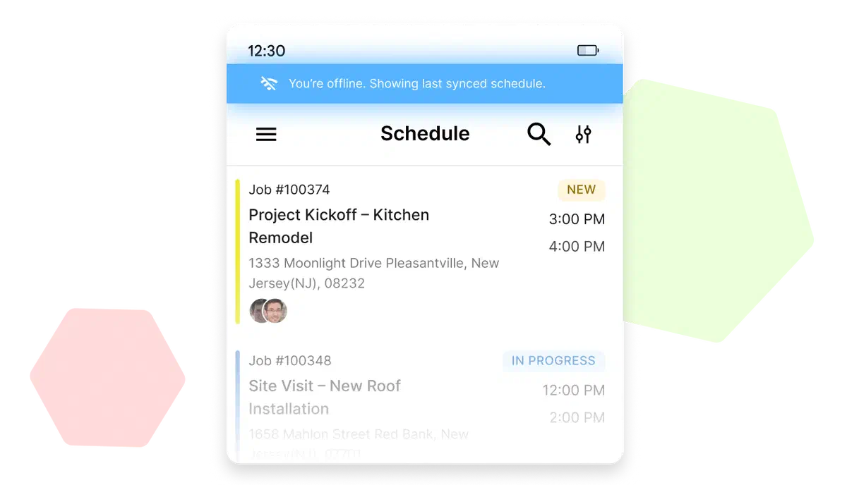 Cinderblock mobile app schedule view showing offline mode with last synced jobs and appointments.