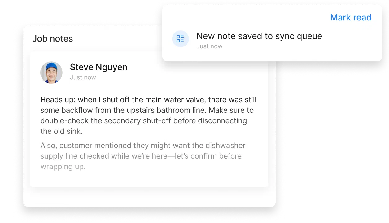 Job notes in Cinderblock with a notification showing a new note saved to the offline sync queue.