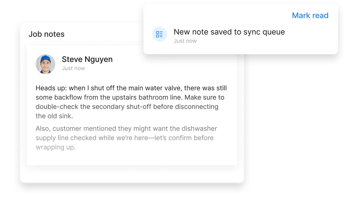 Job notes in Cinderblock with a notification showing a new note saved to the offline sync queue.
