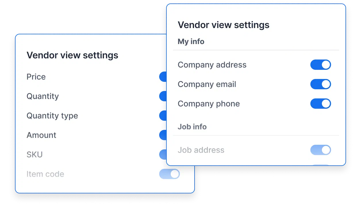 A Cinderblock UI screenshot showing vendor view settings with toggles to control visibility of pricing, quantities, company details, and job info.