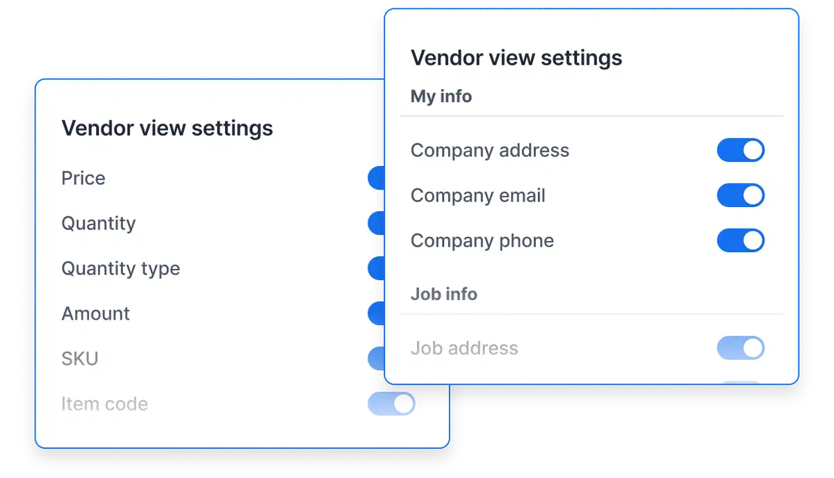 A Cinderblock UI screenshot showing vendor view settings with toggles to control visibility of pricing, quantities, company details, and job info.