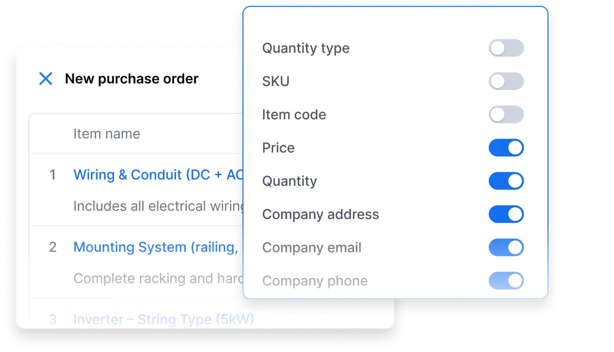 A Cinderblock UI screenshot showing a new purchase order with customizable item details and toggle switches for fields like price, quantity, and company info.