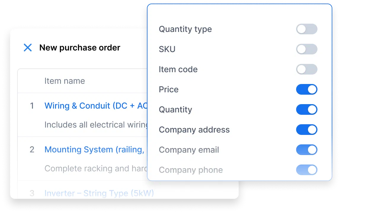 A Cinderblock UI screenshot showing a new purchase order with customizable item details and toggle switches for fields like price, quantity, and company info.