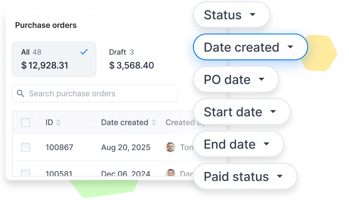 A Cinderblock UI screenshot showing purchase orders with filtering options like status, date created, PO date, and paid status.