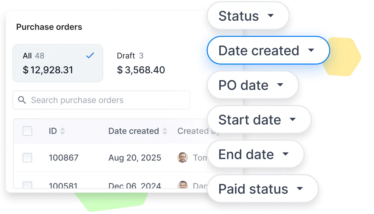 A Cinderblock UI screenshot showing purchase orders with filtering options like status, date created, PO date, and paid status.