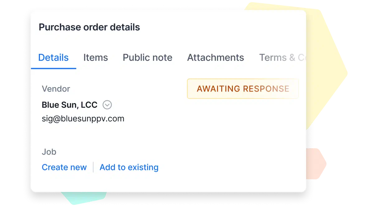 A Cinderblock UI screenshot showing vendor view settings with toggles to control visibility of pricing, quantities, company details, and job info.