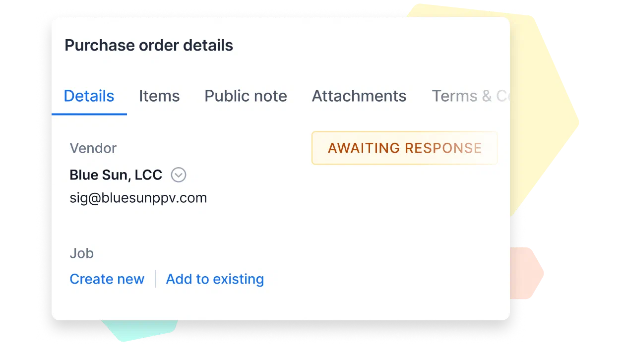 A Cinderblock UI screenshot showing vendor view settings with toggles to control visibility of pricing, quantities, company details, and job info.