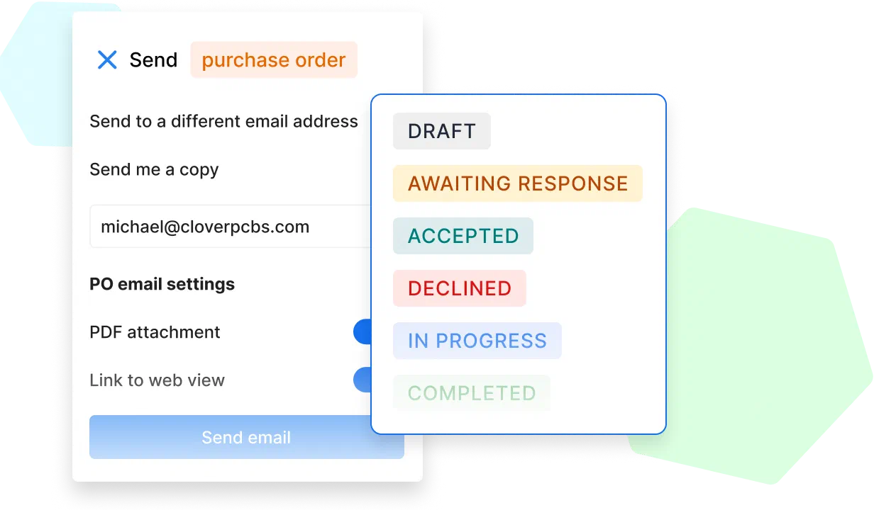 A Cinderblock UI screenshot showing purchase order email settings with options to attach a PDF, include a web link, and status labels like draft, accepted, declined, and completed.